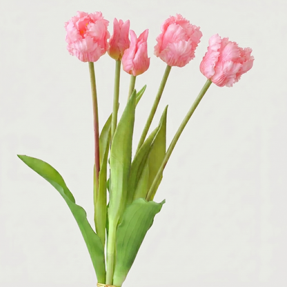 Pink parrot faux silicone tulips on white background