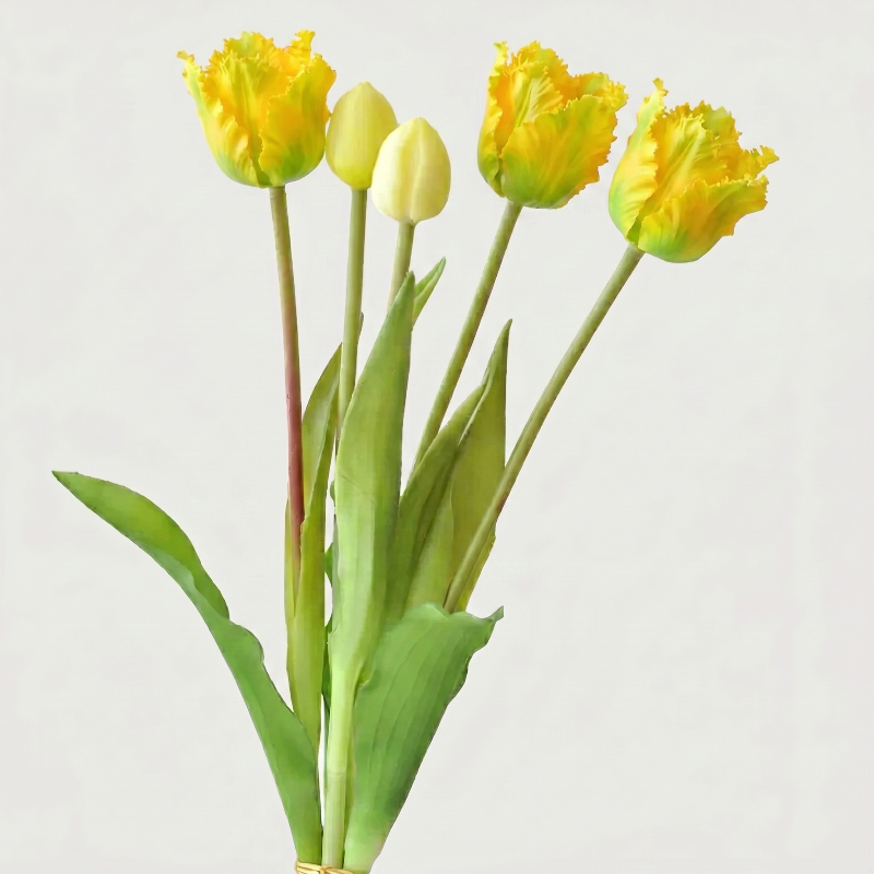 Yellow parrot faux silicone tulips on white background
