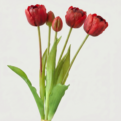 Red parrot faux silicone tulips on white background