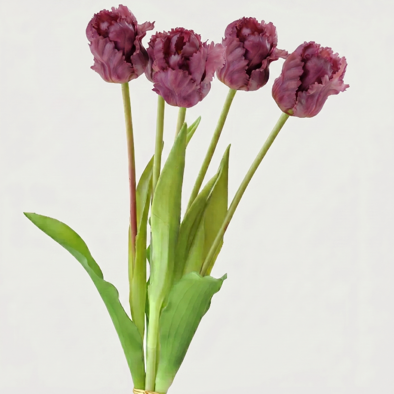 Dark purple parrot faux silicone tulips on white background