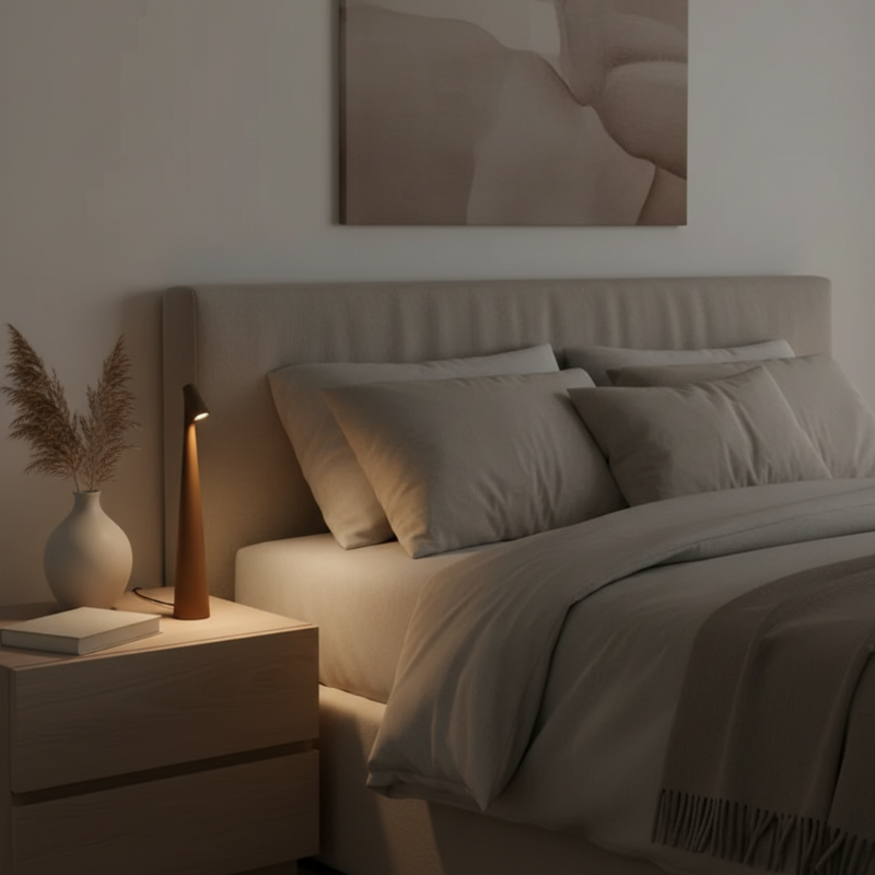 Neatly made bed with beige bedding in a bedroom setting.