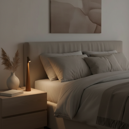 Neatly made bed with beige bedding in a bedroom setting.