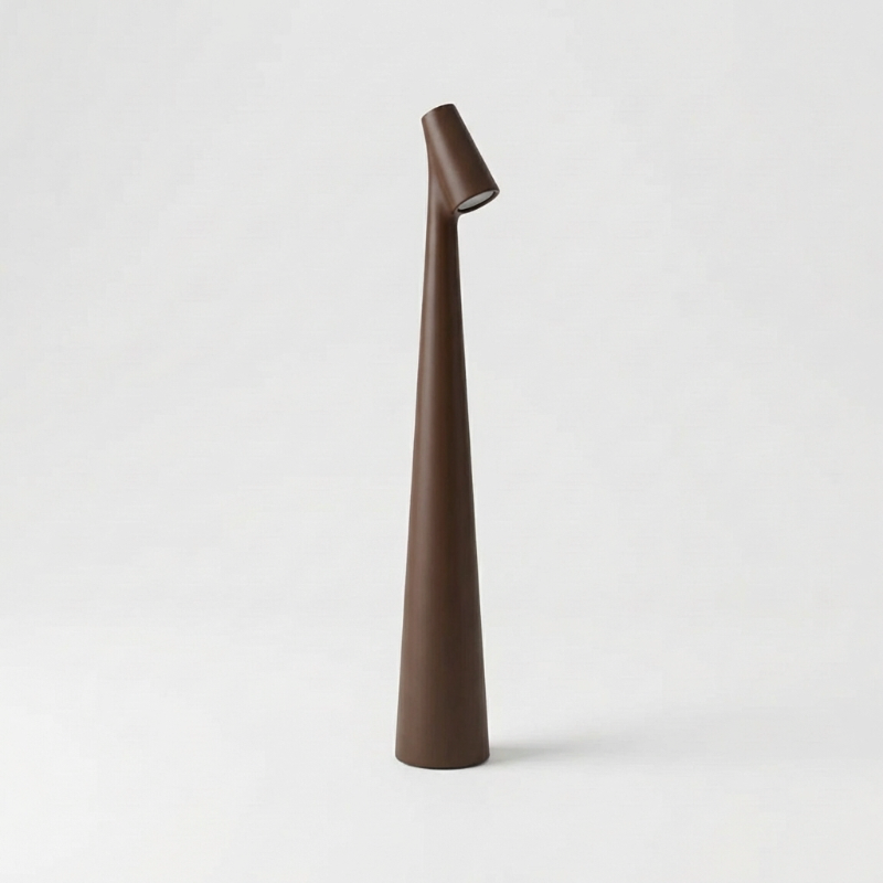 Brown portable LED table lamp with modern aluminum finish