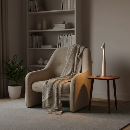 Beige armchair with a blanket in a room with a bookshelf and side table.