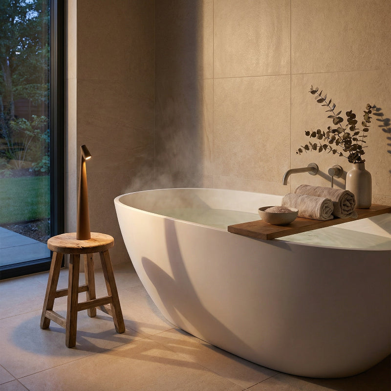 Modern bathroom with a steamy bathtub, wooden stool, and decorative elements.