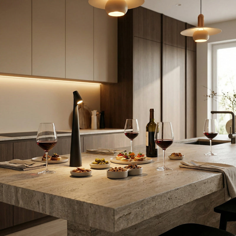 Modern kitchen with a dining table set for a meal, featuring wine glasses and food.