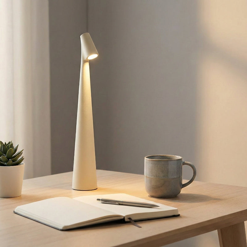 Modern desk lamp on a wooden surface with a notebook, pen, and mug.