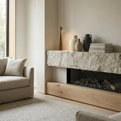 Modern living room with stone fireplace and beige sofa