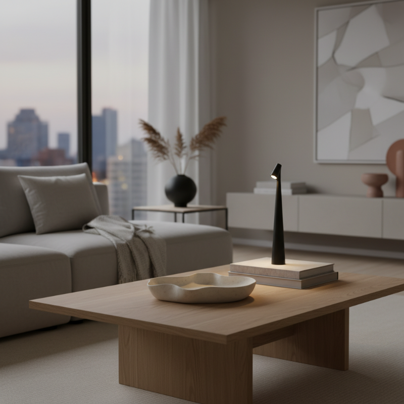 Modern living room with a wooden coffee table, sofa, and cityscape view.