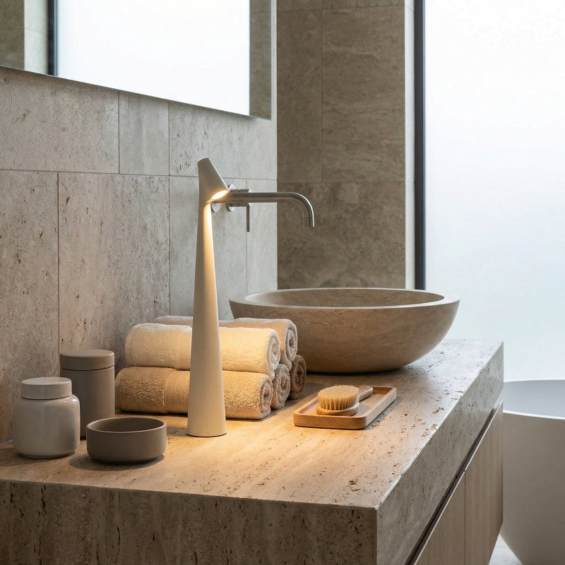 Modern bathroom setup with a sink, faucet, and towels on a light-colored countertop.