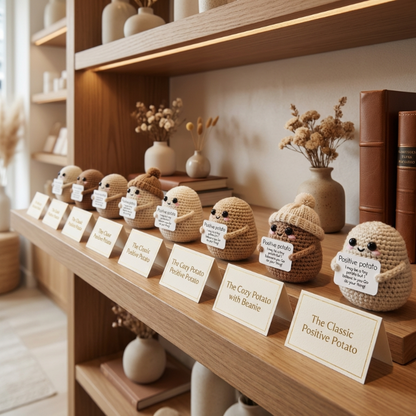 Row of small plush toys resembling potatoes with labels on a wooden shelf.