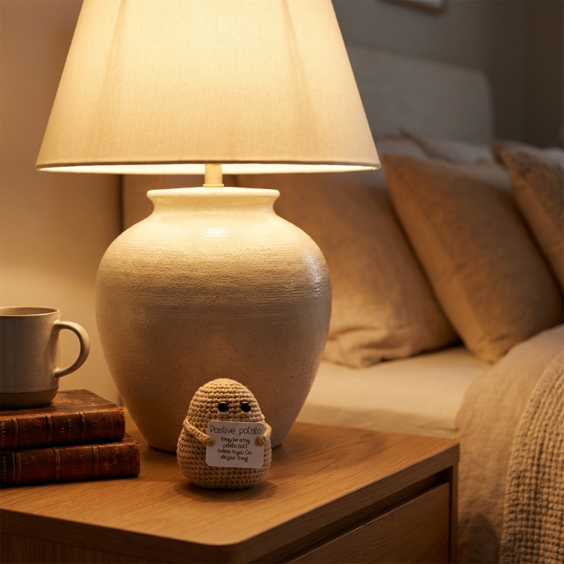 Lamp on a bedside table with a small plush toy and books, next to a bed.