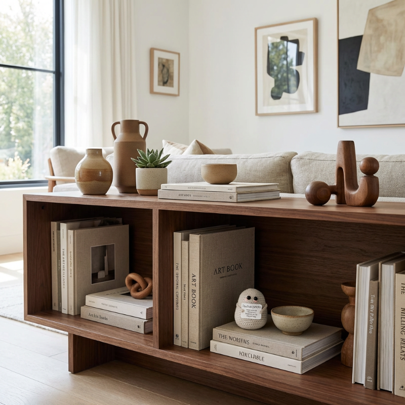 Wooden shelf in a living room with books, decorative items, and a plant.
