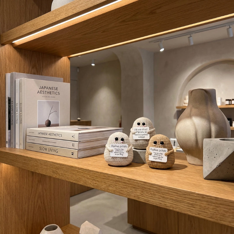 Decorative items on a wooden shelf including books and small stone sculptures.
