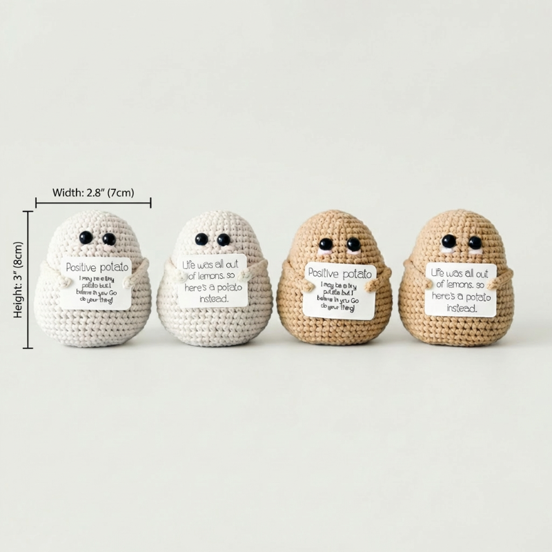 Set of positive potato crochet dolls in different colors on white background