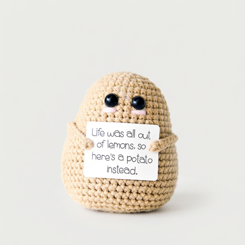 Beige positive potato crochet doll on white background