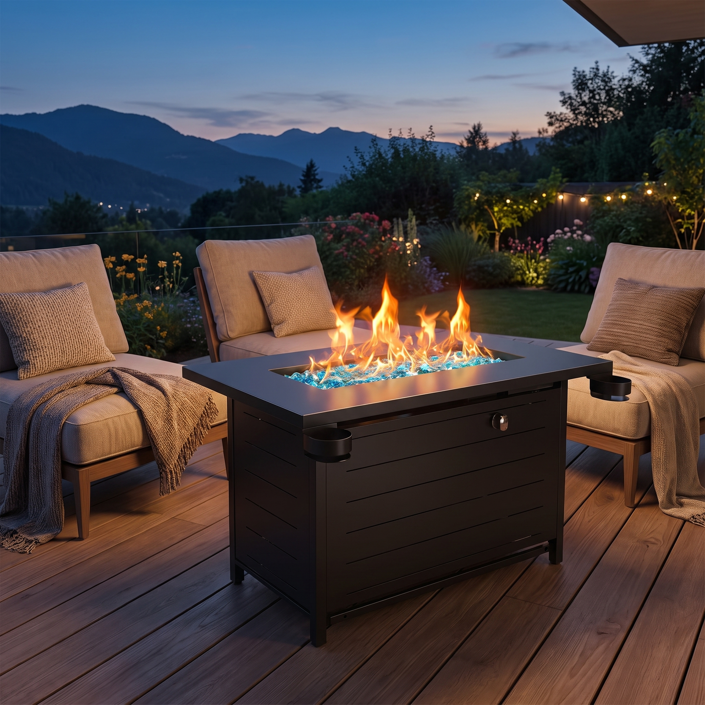 Outdoor patio with fire pit table, chairs, and mountain view