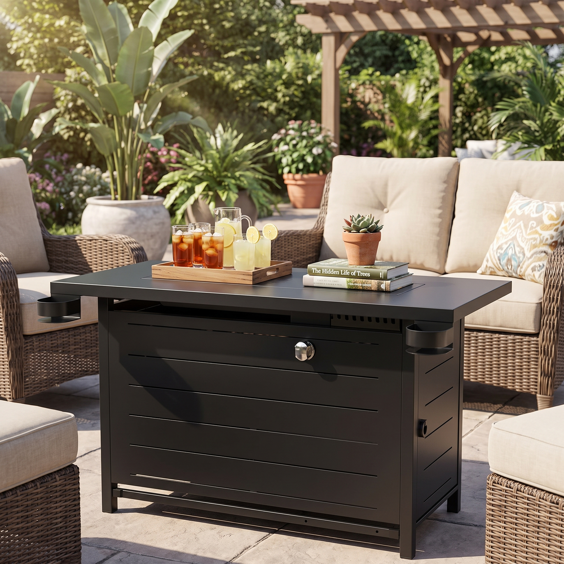 Outdoor patio setting with a black fire pit table, wicker chairs, and potted plants.