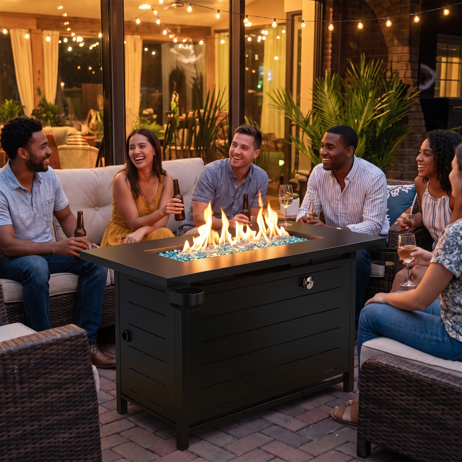 Group of people sitting around a fire pit table on a patio at night.