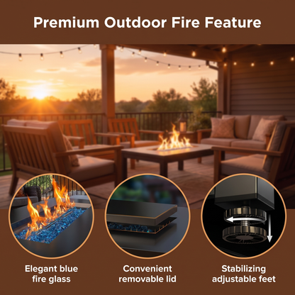 Outdoor fire feature on a deck with sunset view, featuring blue fire glass, removable lid, and adjustable feet.