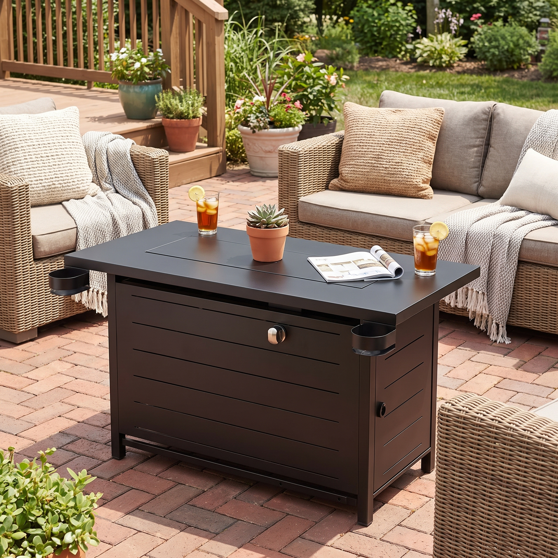Outdoor patio setting with a dark wooden coffee table, chairs, and potted plants.