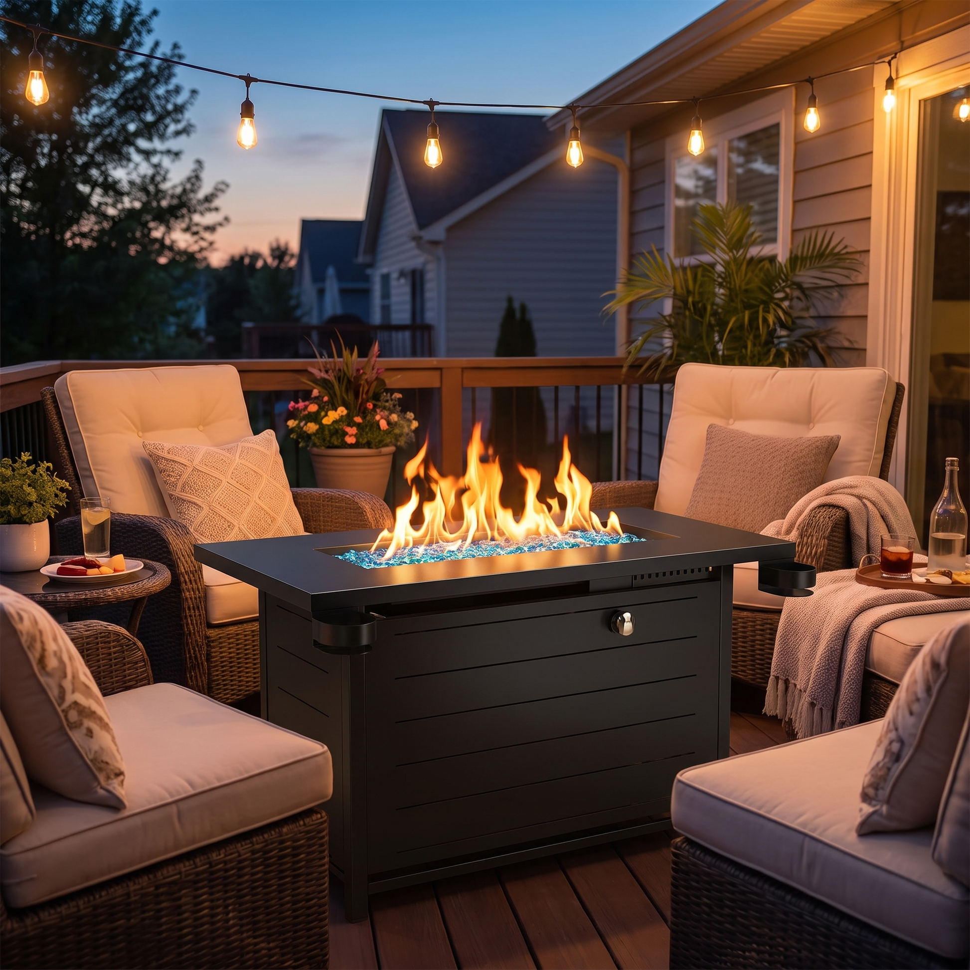 Outdoor patio with fire pit table, chairs, and string lights at dusk.