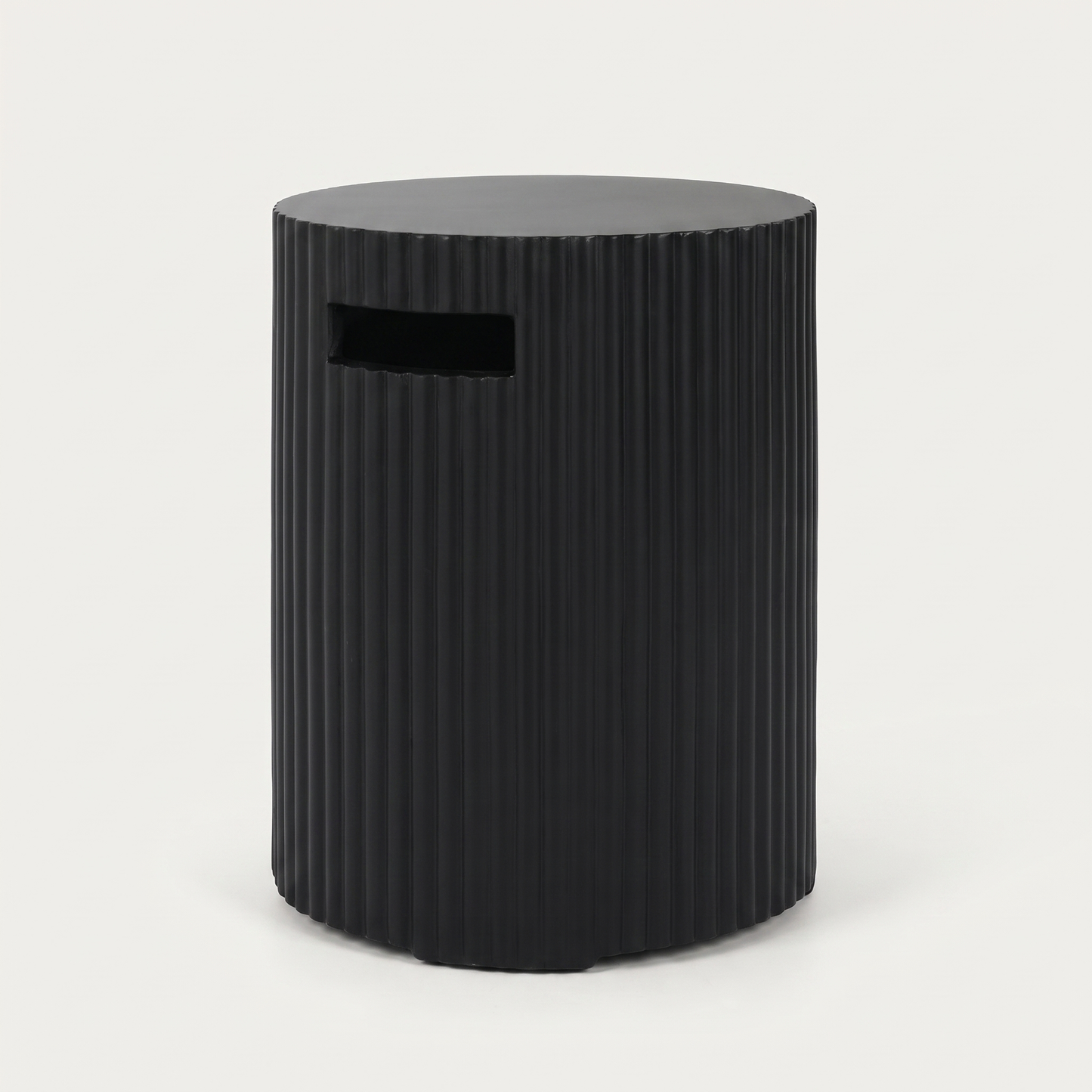 Black Outdoor Propane Tank Holder hero shot with a modern magnesium oxide finish on a clean off-white background