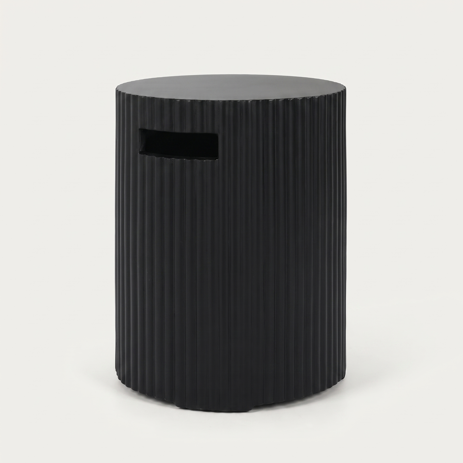 Black Outdoor Propane Tank Holder hero shot with a modern magnesium oxide finish on a clean off-white background