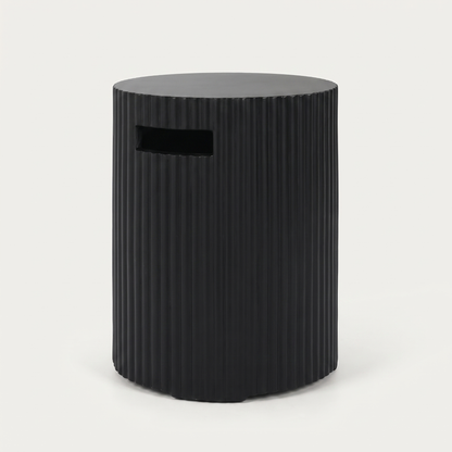 Black Outdoor Propane Tank Holder hero shot with a modern magnesium oxide finish on a clean off-white background