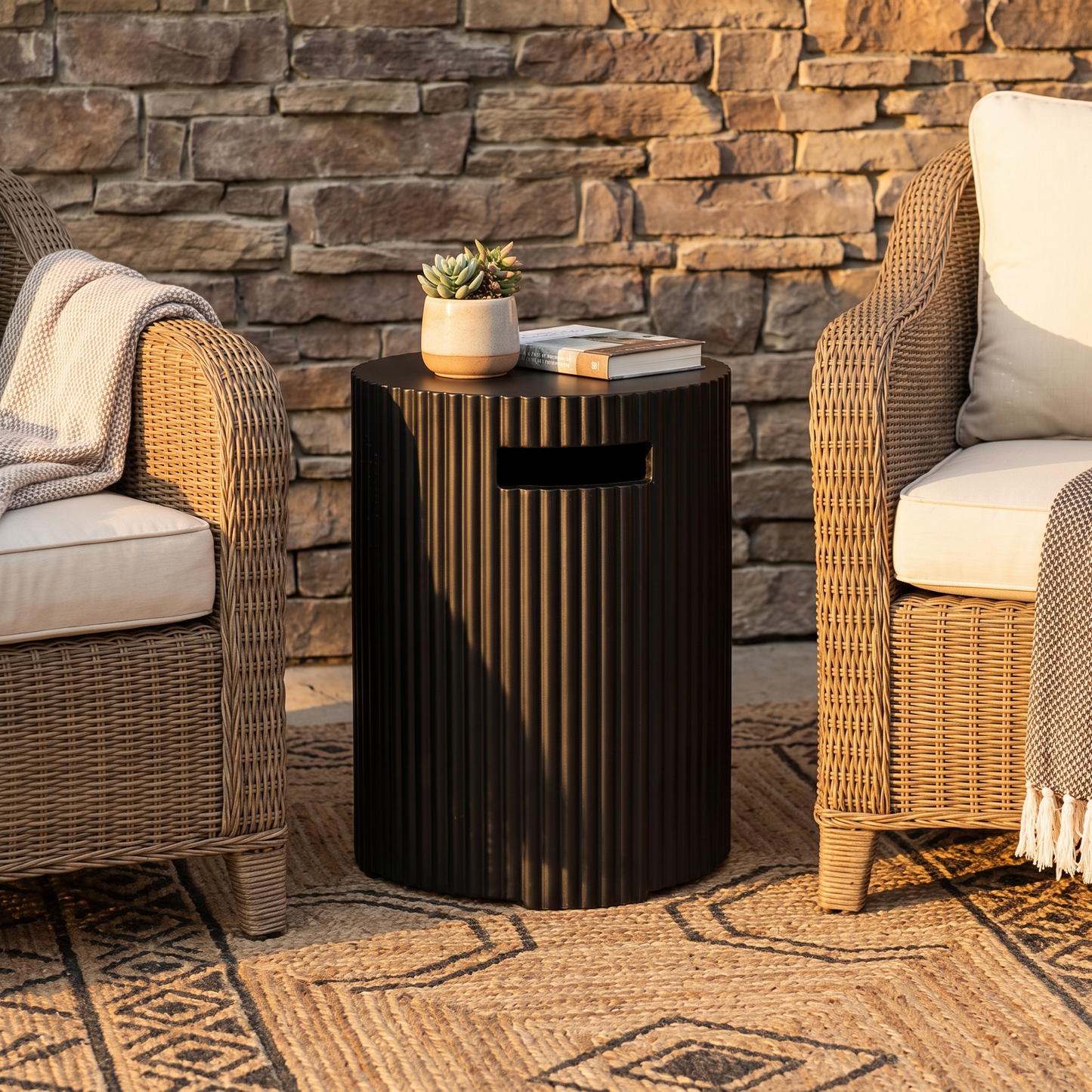 Black Outdoor Propane Tank Holder styled on a modern patio, concealing a propane tank