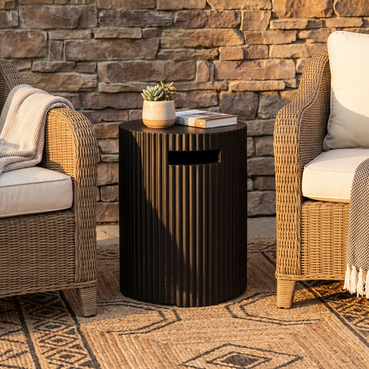 Black Outdoor Propane Tank Holder styled on a modern patio, concealing a propane tank