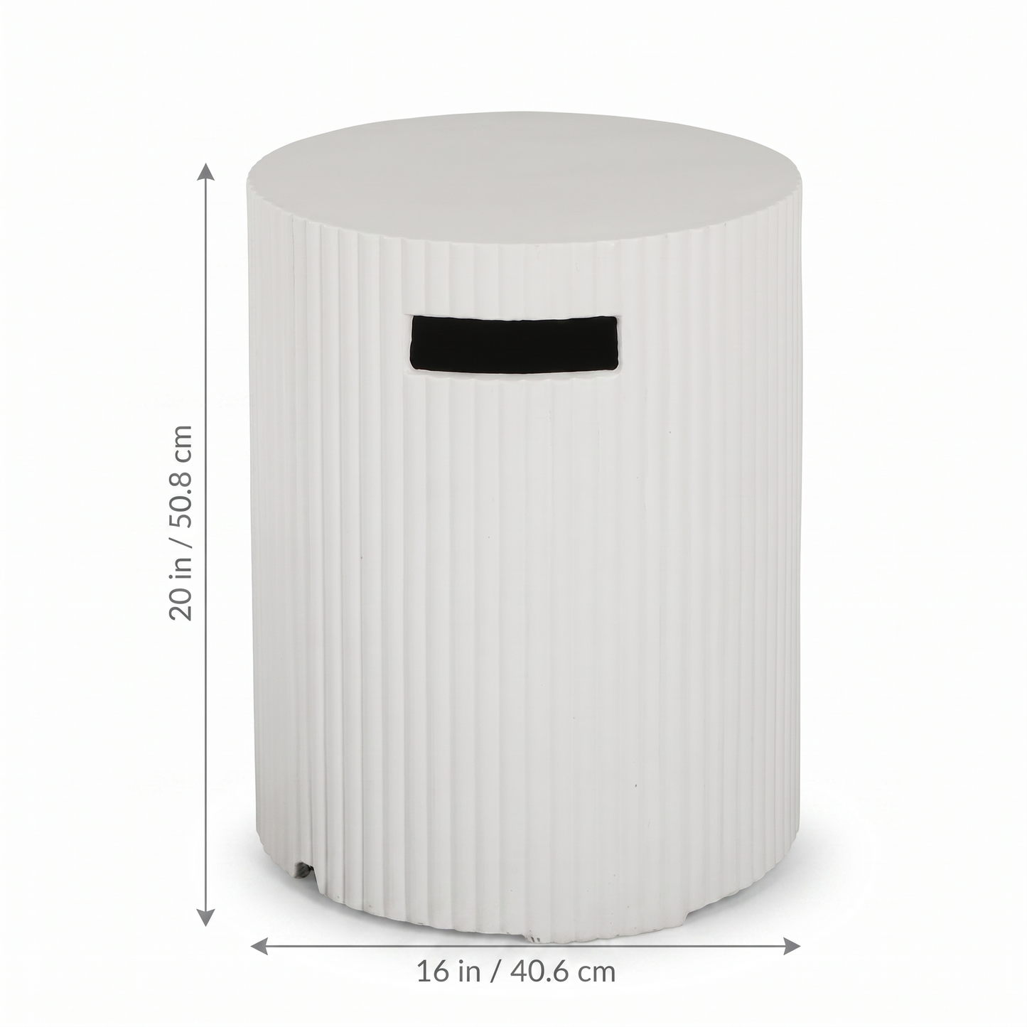 Outdoor Propane Tank Holder measurement diagram showing height and width in inches and centimeters
