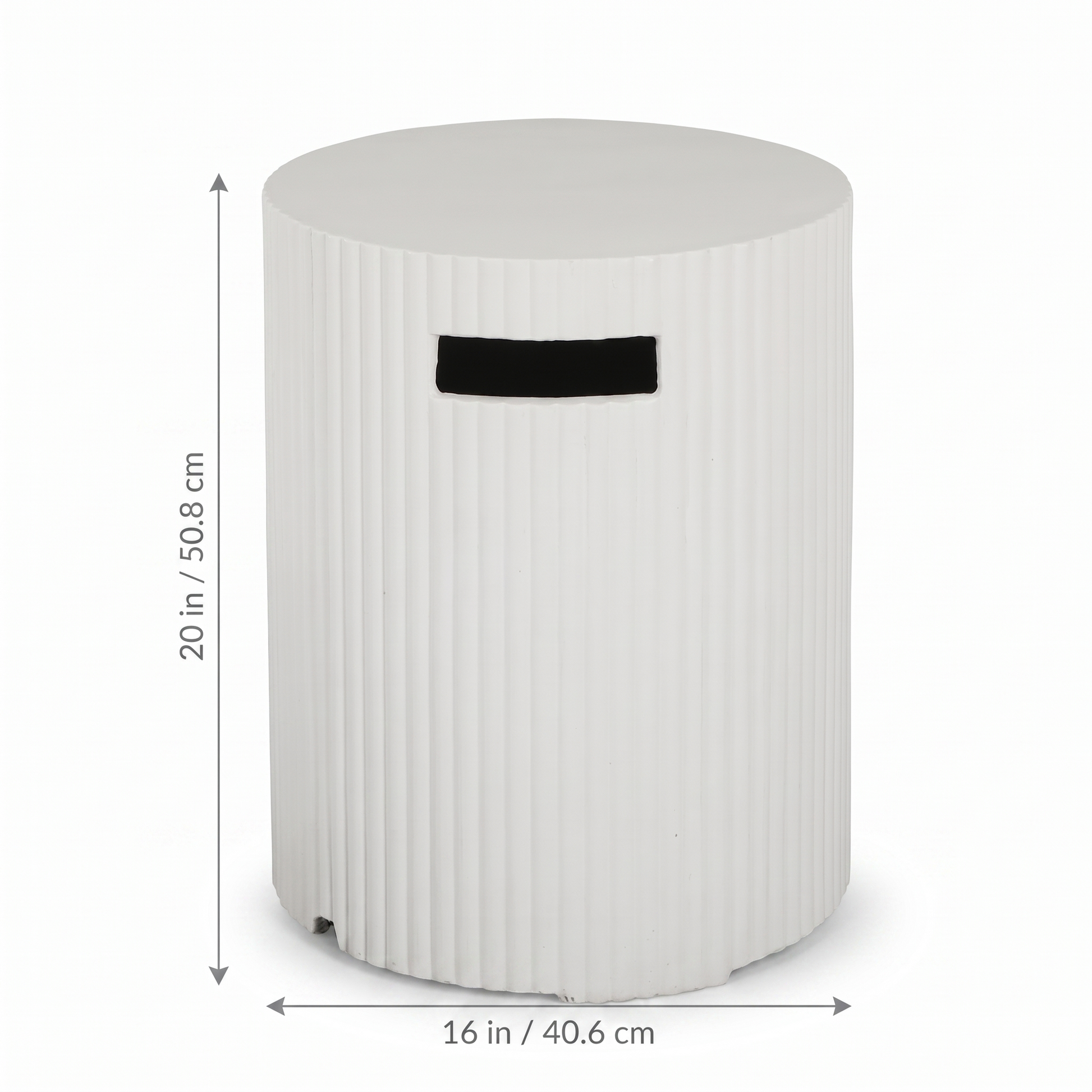 Outdoor Propane Tank Holder measurement diagram showing height and width in inches and centimeters