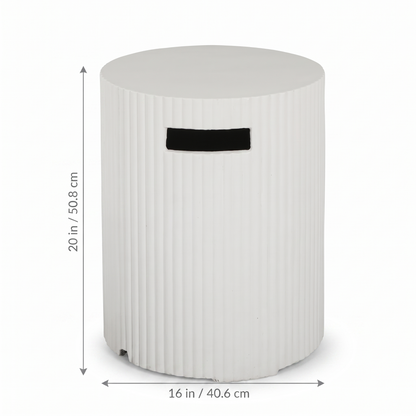 Outdoor Propane Tank Holder measurement diagram showing height and width in inches and centimeters