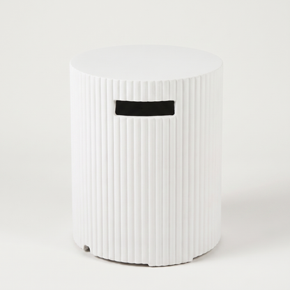 White Outdoor Propane Tank Holder hero shot with a modern magnesium oxide finish on a clean off-white background