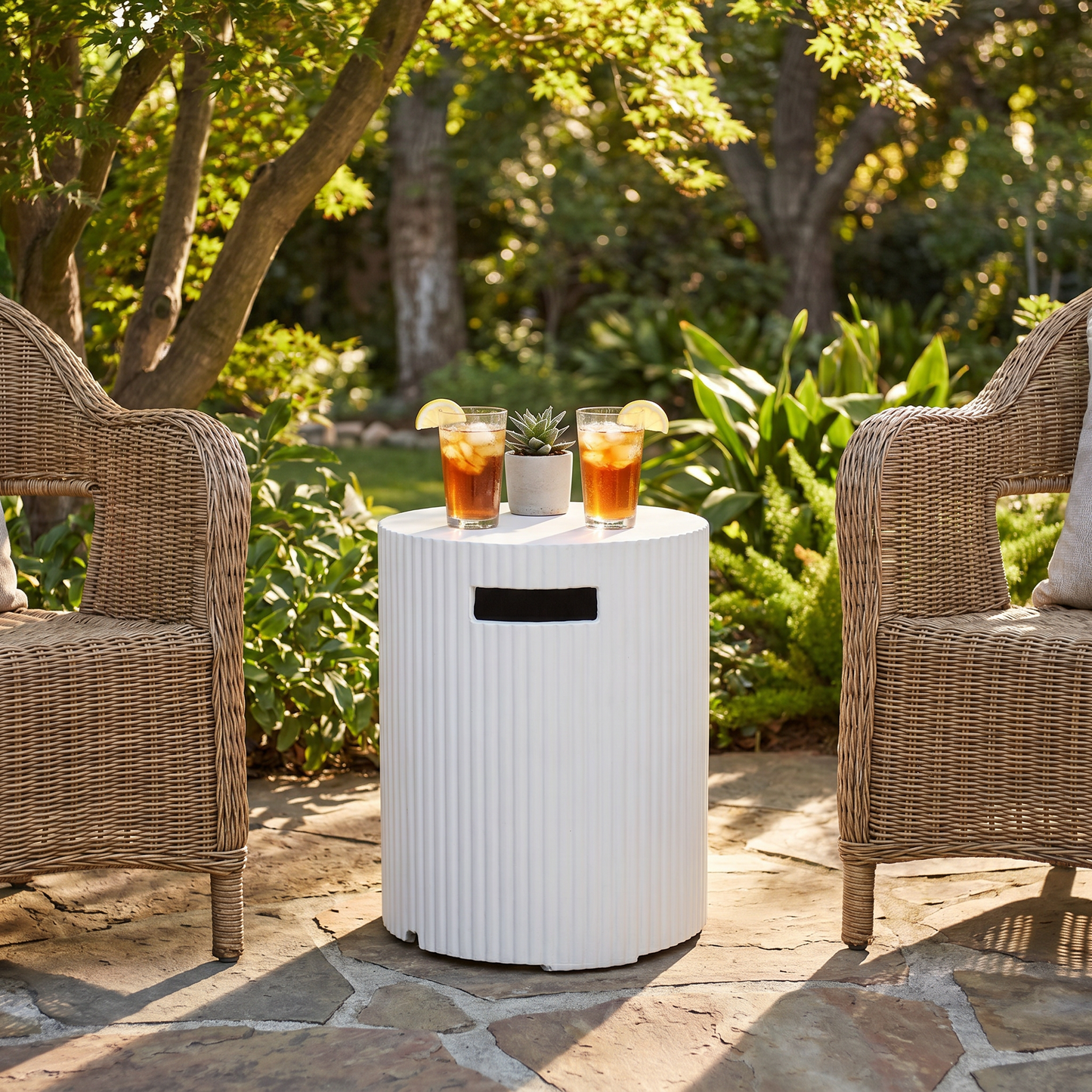 White Outdoor Propane Tank Holder styled in a garden setting, concealing a propane tank