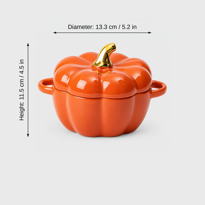 Orange lidded ceramic pumpkin bowl with gold stem and two handles, labeled Diameter 13.3 cm / 5.2 in and Height 11.5 cm / 4.5 in