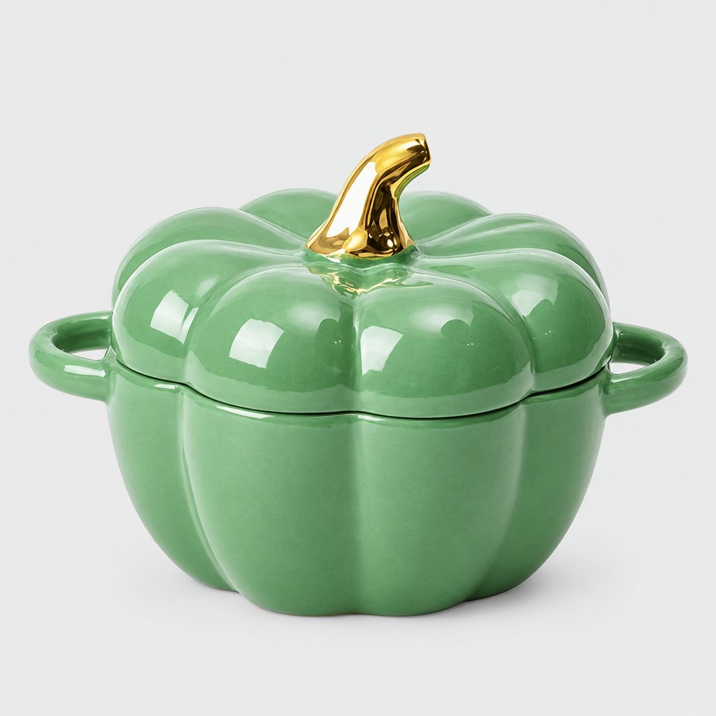 Single glossy sage green ceramic pumpkin bowl with ribbed lid, gold stem and two loop handles on a plain light backdrop