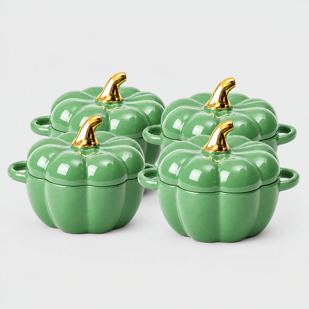 Set of four glossy sage green ceramic pumpkin bowls with gold stems and loop handles arranged in two rows on a plain light backdrop