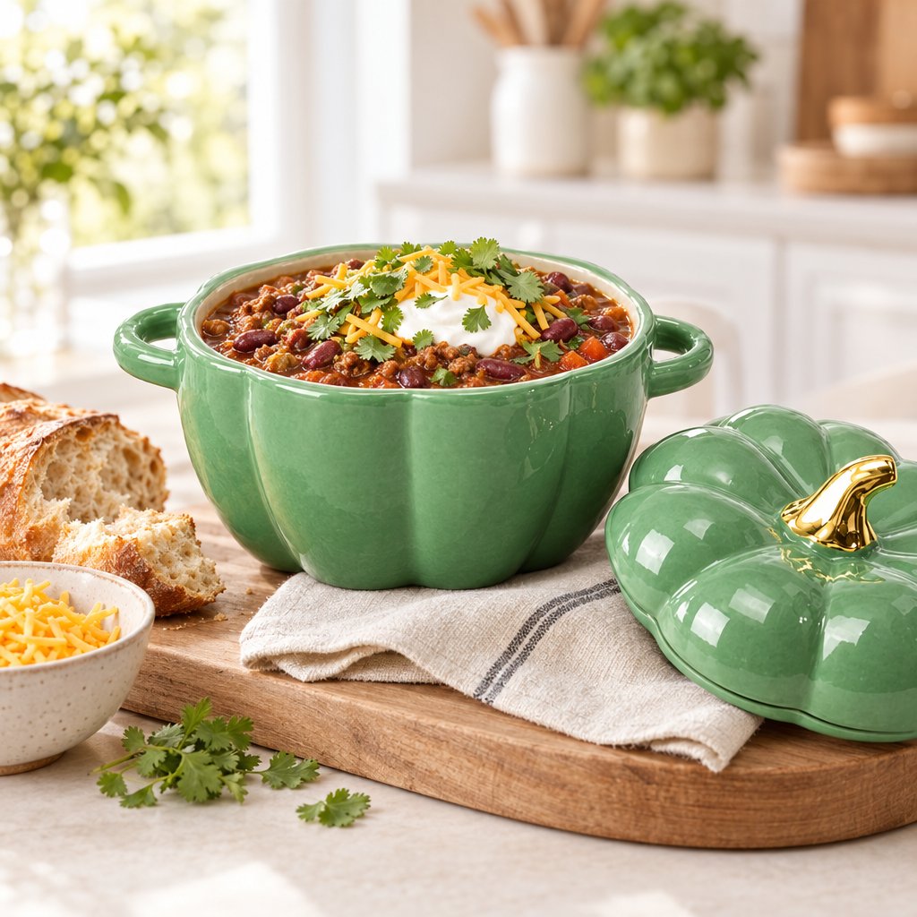 Green ceramic pumpkin bowl filled with chili topped with sour cream, cheese and cilantro on a wooden board with sliced bread