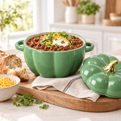 Green ceramic pumpkin bowl filled with chili topped with sour cream, cheese and cilantro on a wooden board with sliced bread