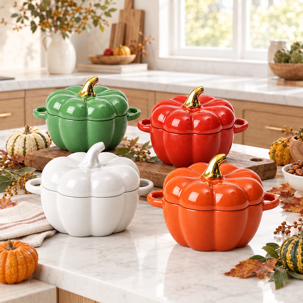 Four glossy ceramic pumpkin bowls with lids in green, red, orange and white on a marble kitchen island with small gourds and autumn leaves