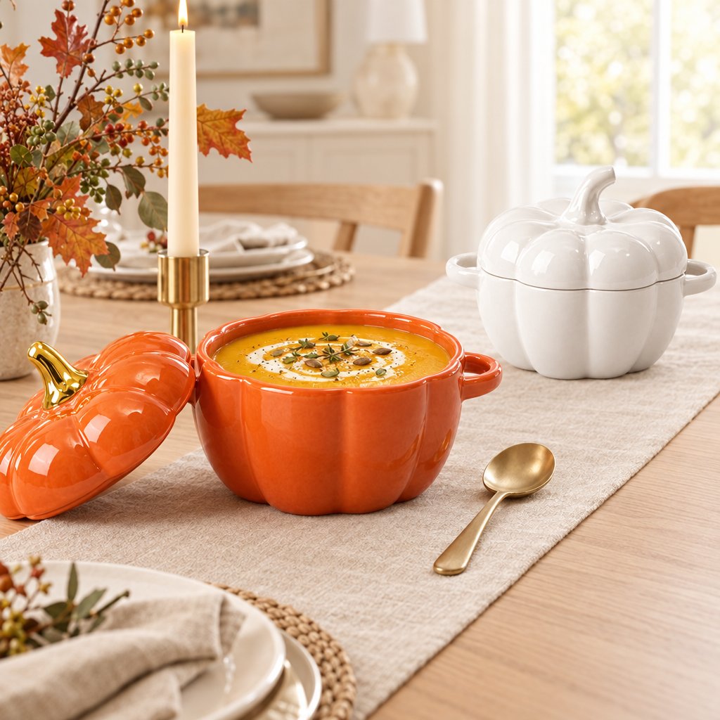 Orange ceramic pumpkin bowl filled with butternut soup, its lid resting beside it, next to a white pumpkin bowl on an oak dining table