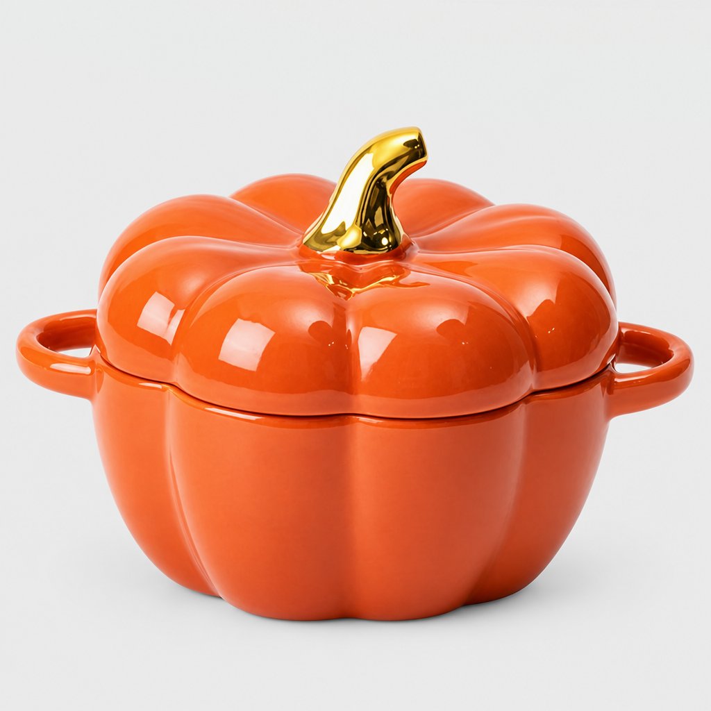 Single glossy orange ceramic pumpkin bowl with ribbed lid, gold stem and two loop handles on a plain light backdrop