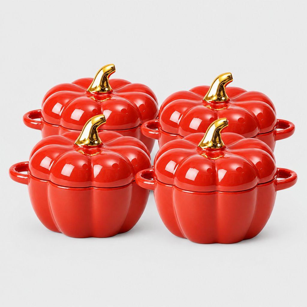 Set of four glossy red ceramic pumpkin bowls with gold stems and loop handles arranged in two rows on a plain light backdrop
