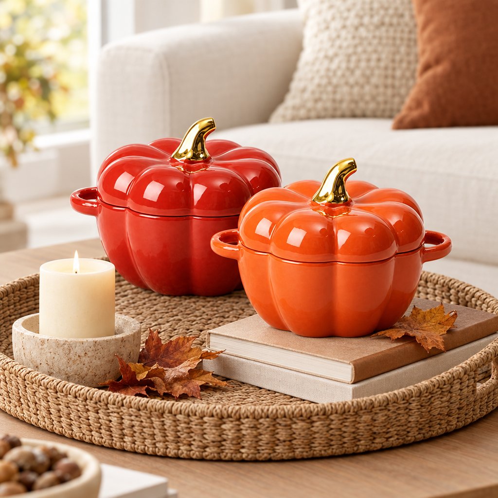 Red and orange lidded ceramic pumpkin bowls with gold stems on a woven tray on a coffee table with a lit candle and books