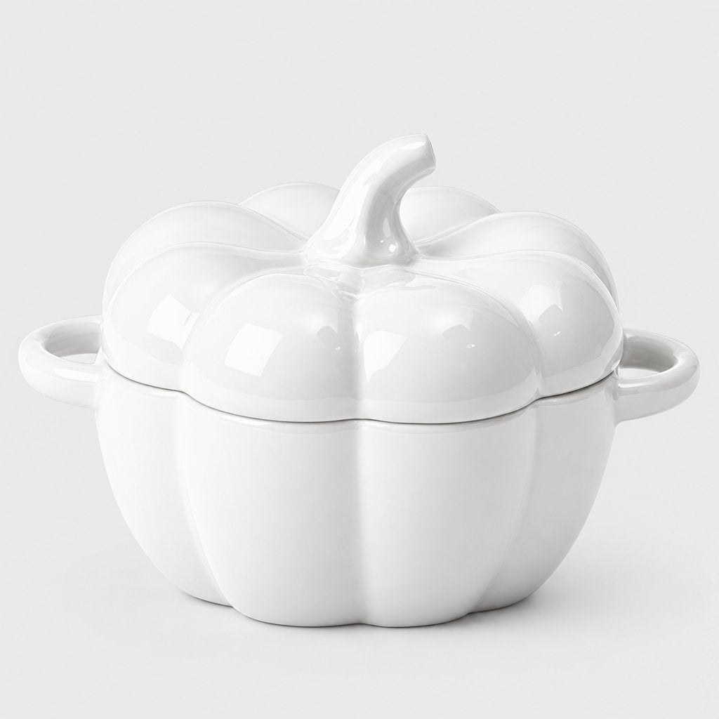 Single glossy white ceramic pumpkin bowl with ribbed lid, white stem and two loop handles on a plain light backdrop