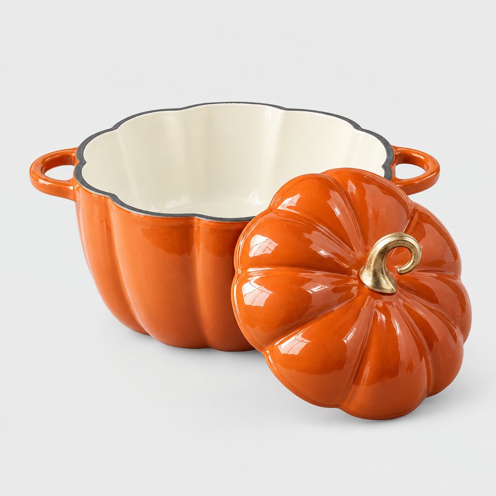 Orange pumpkin-shaped Dutch oven with cream enamel interior, empty, with its ribbed lid and gold stem leaning at the front