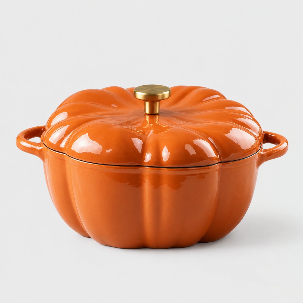 Glossy orange ribbed pumpkin-shaped Dutch oven with lid on, gold knob and two loop handles on a plain light backdrop