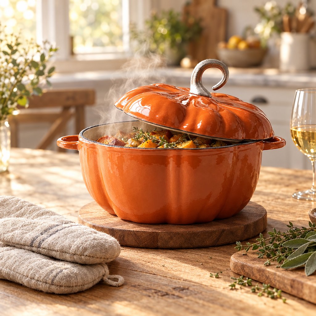 Open orange pumpkin Dutch oven of steaming roasted vegetables on a wooden trivet with oven mitts and a glass of white wine